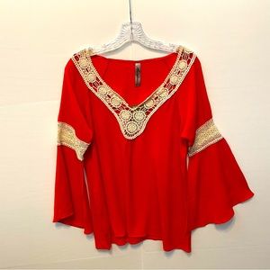Bamboa Orange Boho Peasant Blouse/Top with Crochet Detail Sz M